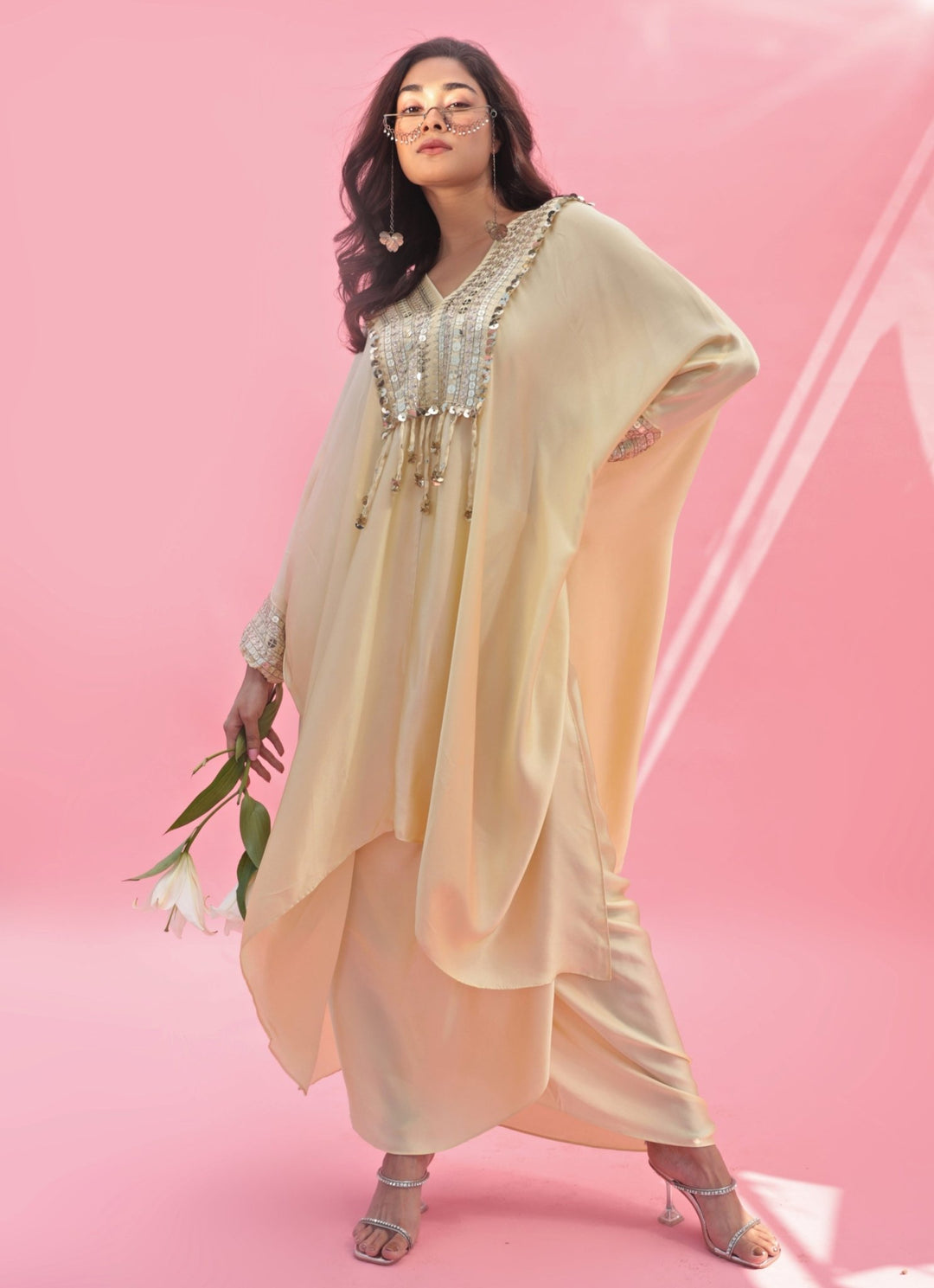Pastel Yellow Hand Embroidered Kaftan Skirt Set Prahnaaya - Fabilicious Fashion