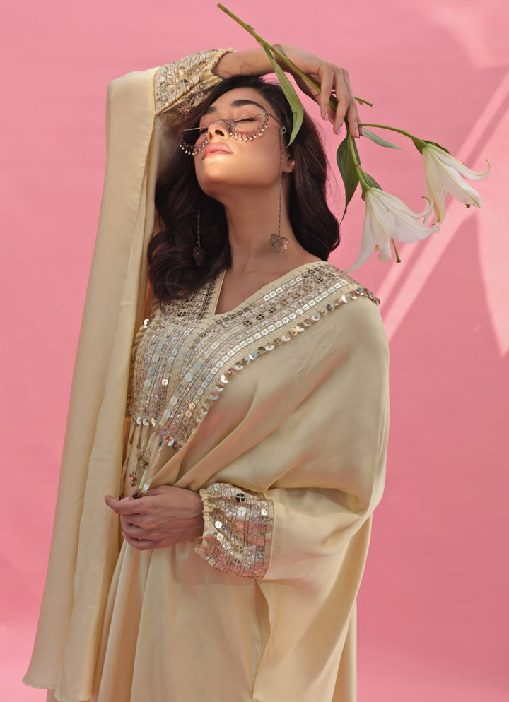 Pastel Yellow Hand Embroidered Kaftan Skirt Set Prahnaaya - Fabilicious Fashion