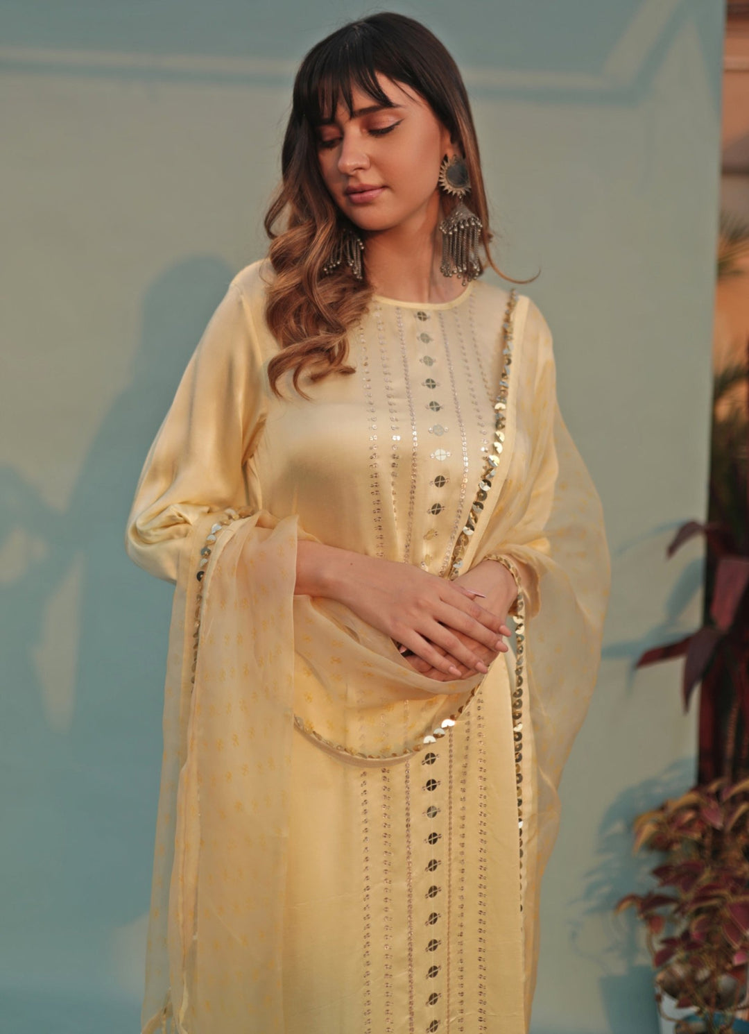 Pastel Yellow Hand - Embroidered Kurta Pant Set Prahnaaya - Fabilicious Fashion