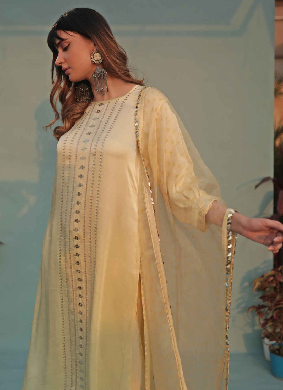 Pastel Yellow Hand - Embroidered Kurta Pant Set Prahnaaya - Fabilicious Fashion