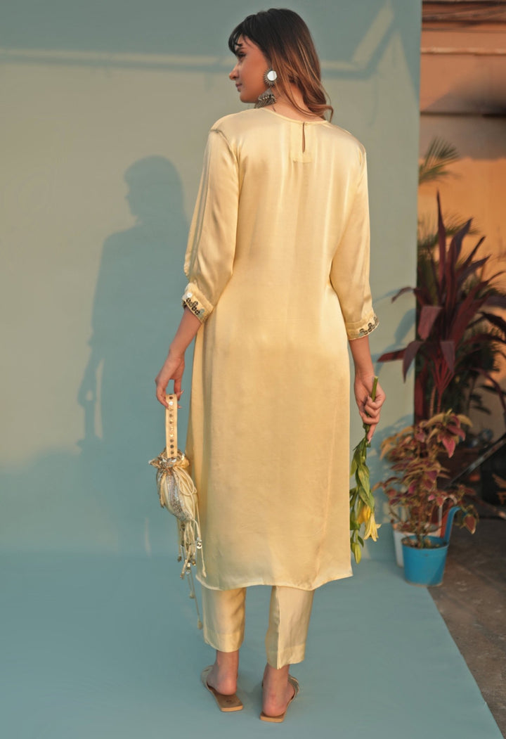 Pastel Yellow Hand - Embroidered Kurta Pant Set Prahnaaya - Fabilicious Fashion