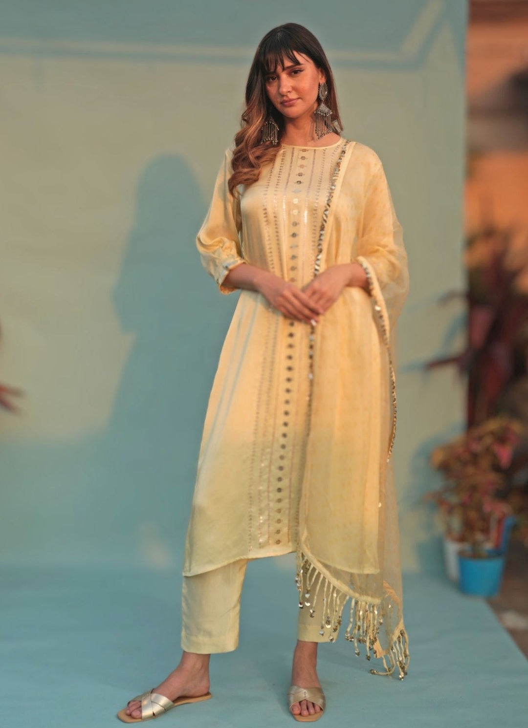 Pastel Yellow Hand - Embroidered Kurta Pant Set Prahnaaya - Fabilicious Fashion