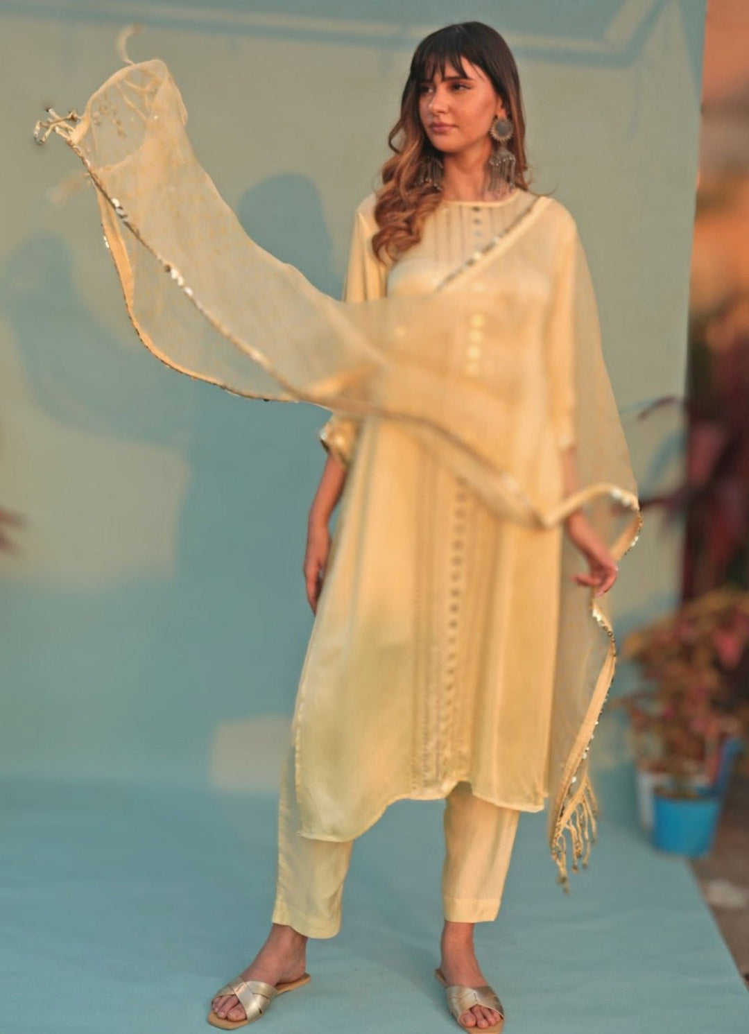Pastel Yellow Hand - Embroidered Kurta Pant Set Prahnaaya - Fabilicious Fashion