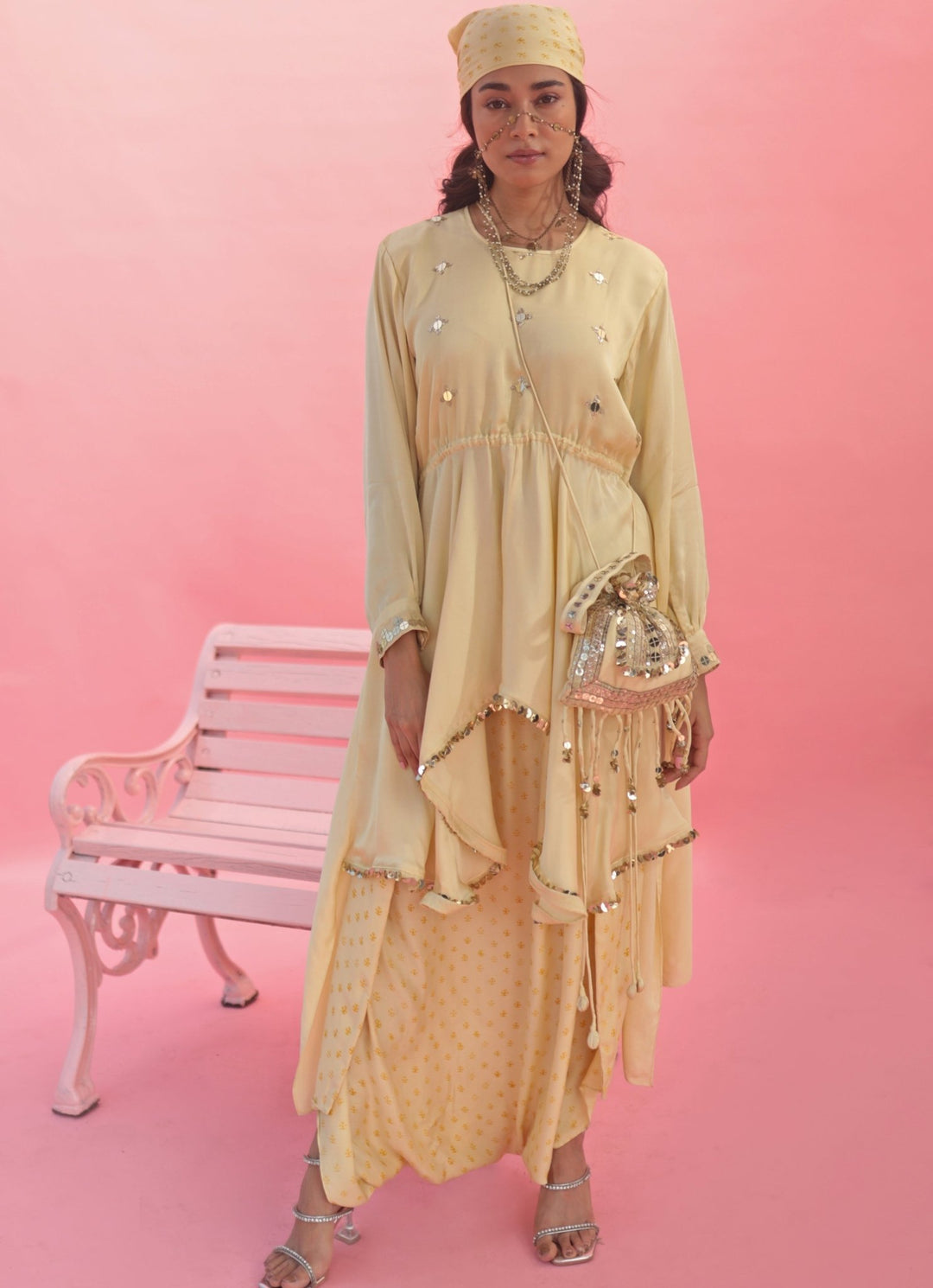 Pastel Yellow High - Low Asymmetric Top And Dhoti Skirt Set Prahnaaya - Fabilicious Fashion
