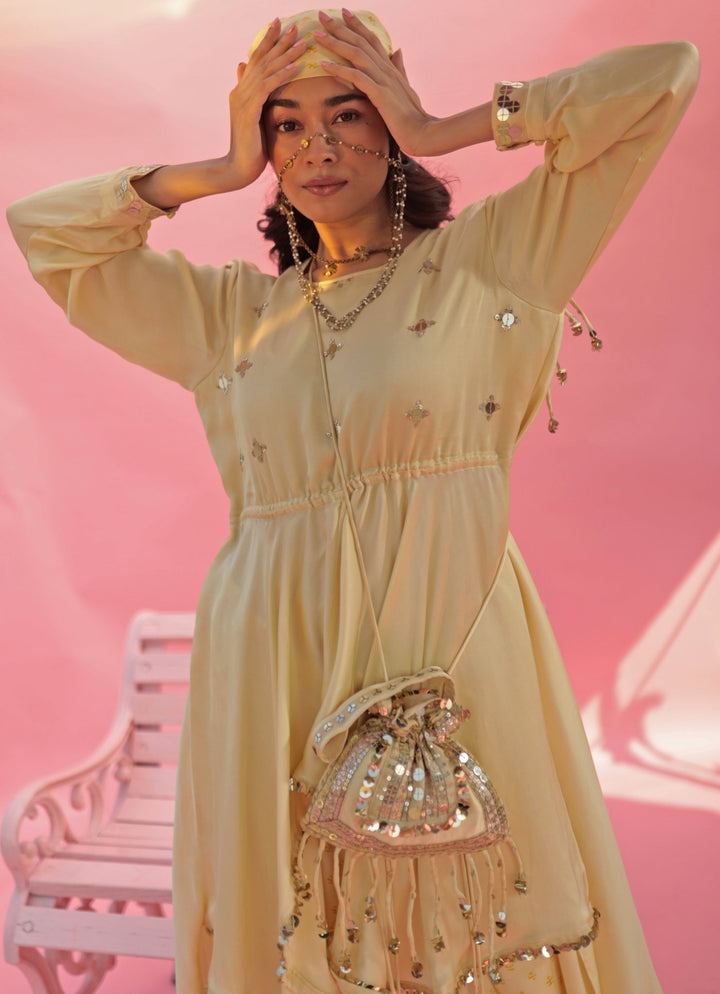 Pastel Yellow High - Low Asymmetric Top And Dhoti Skirt Set Prahnaaya - Fabilicious Fashion