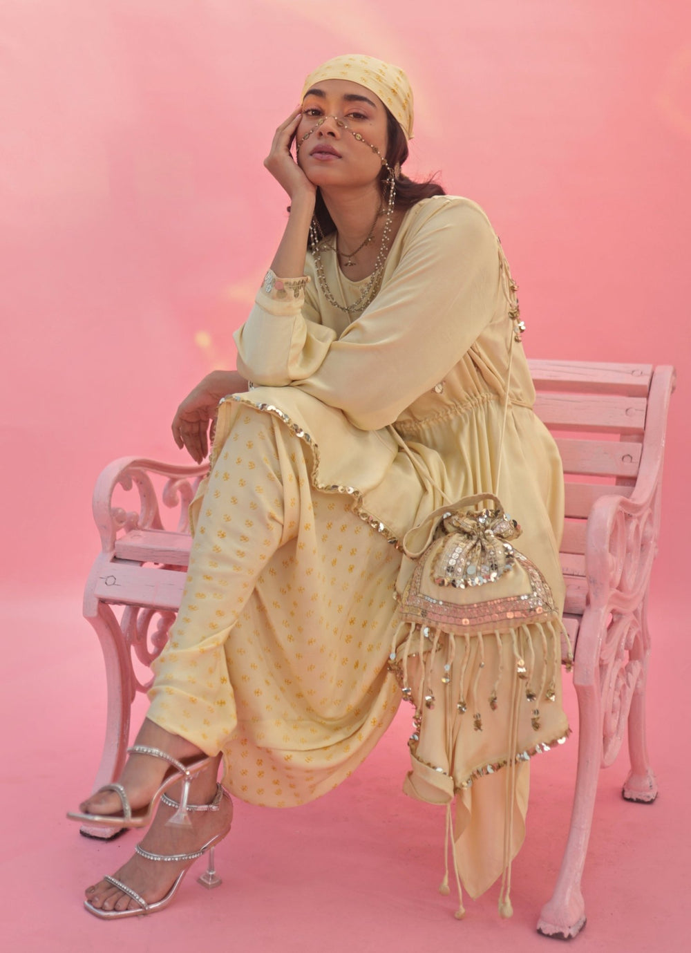 Pastel Yellow High - Low Asymmetric Top And Dhoti Skirt Set Prahnaaya - Fabilicious Fashion