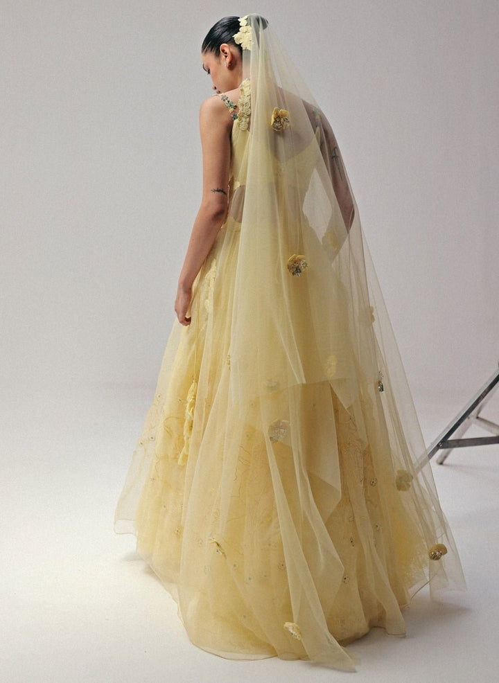 The Little Black Bow Pastel Yellow Organza Silk Lehenga SetFabilicious Fashion