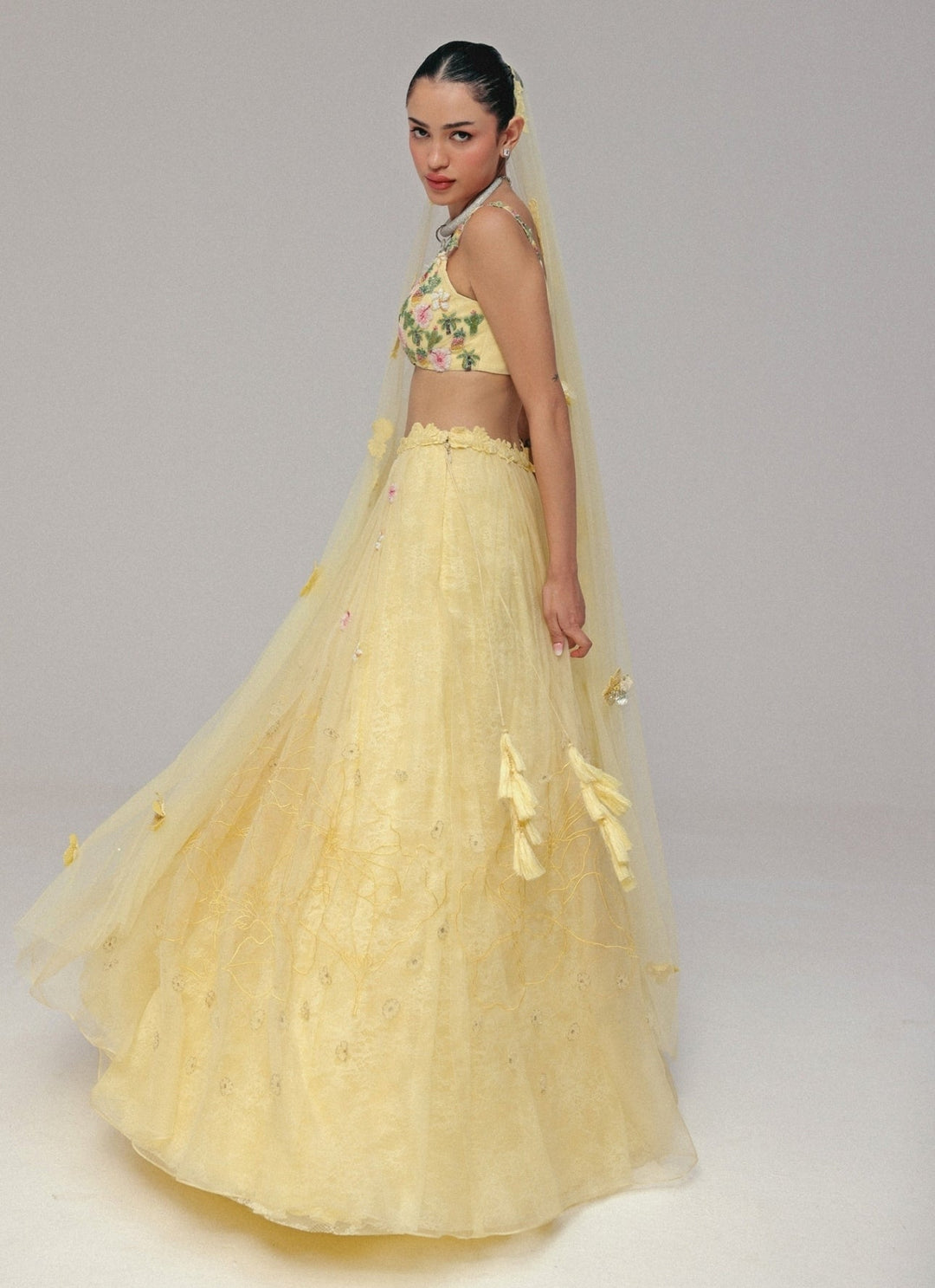 The Little Black Bow Pastel Yellow Organza Silk Lehenga SetFabilicious Fashion