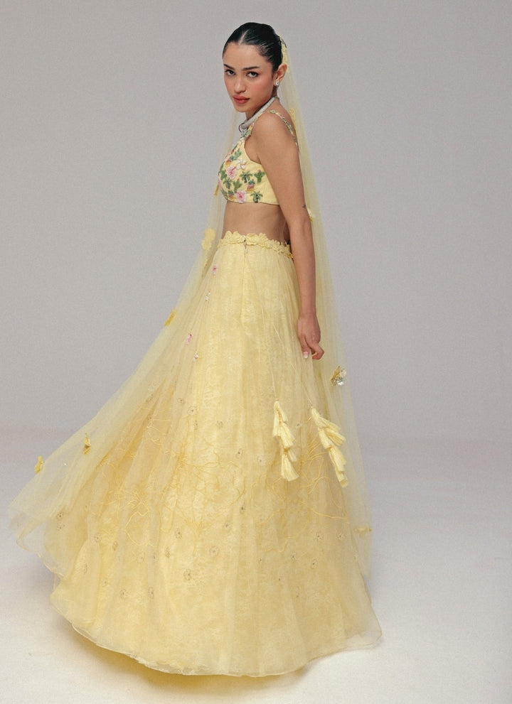 The Little Black Bow Pastel Yellow Organza Silk Lehenga SetFabilicious Fashion
