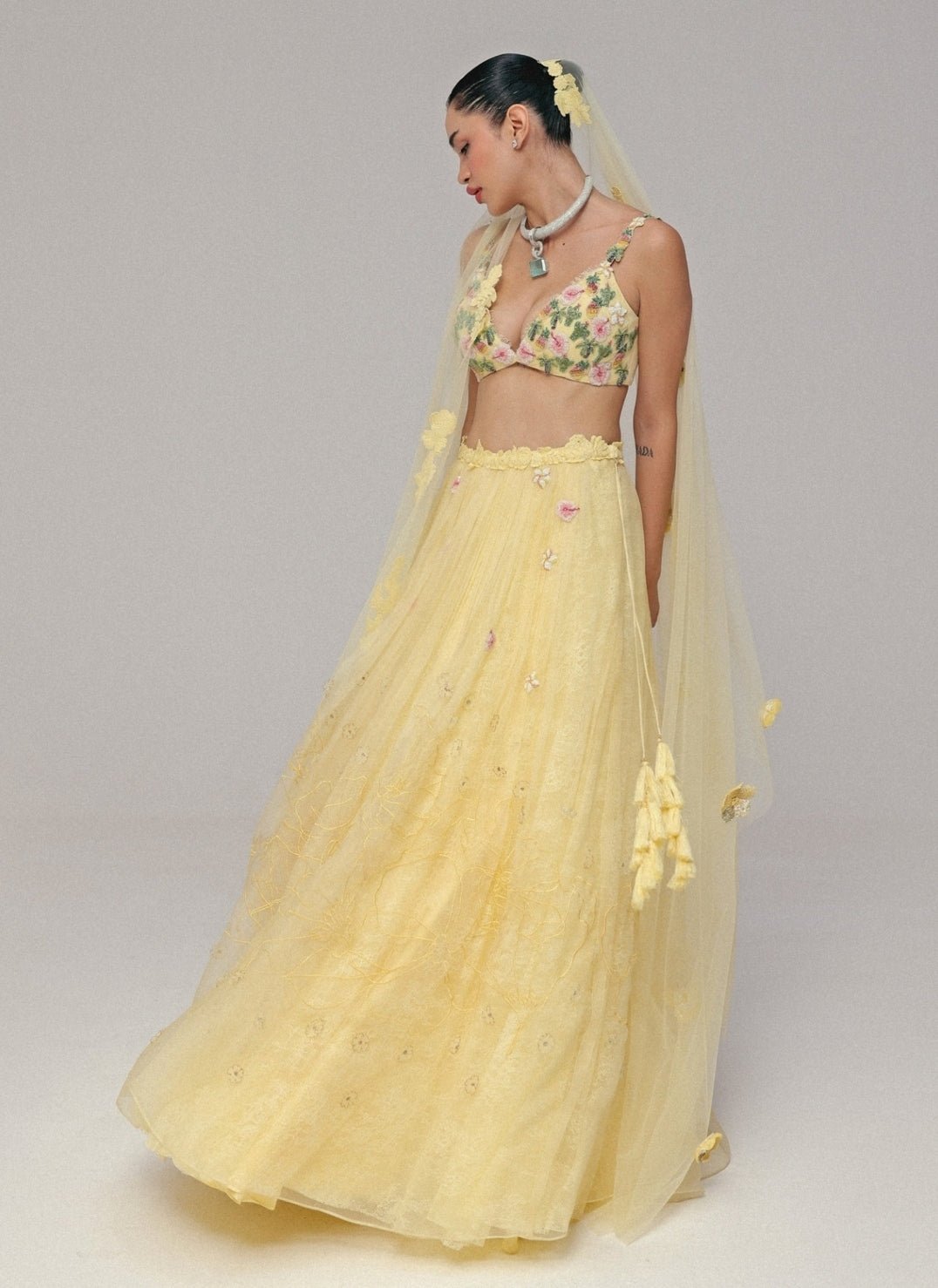 The Little Black Bow Pastel Yellow Organza Silk Lehenga SetFabilicious Fashion