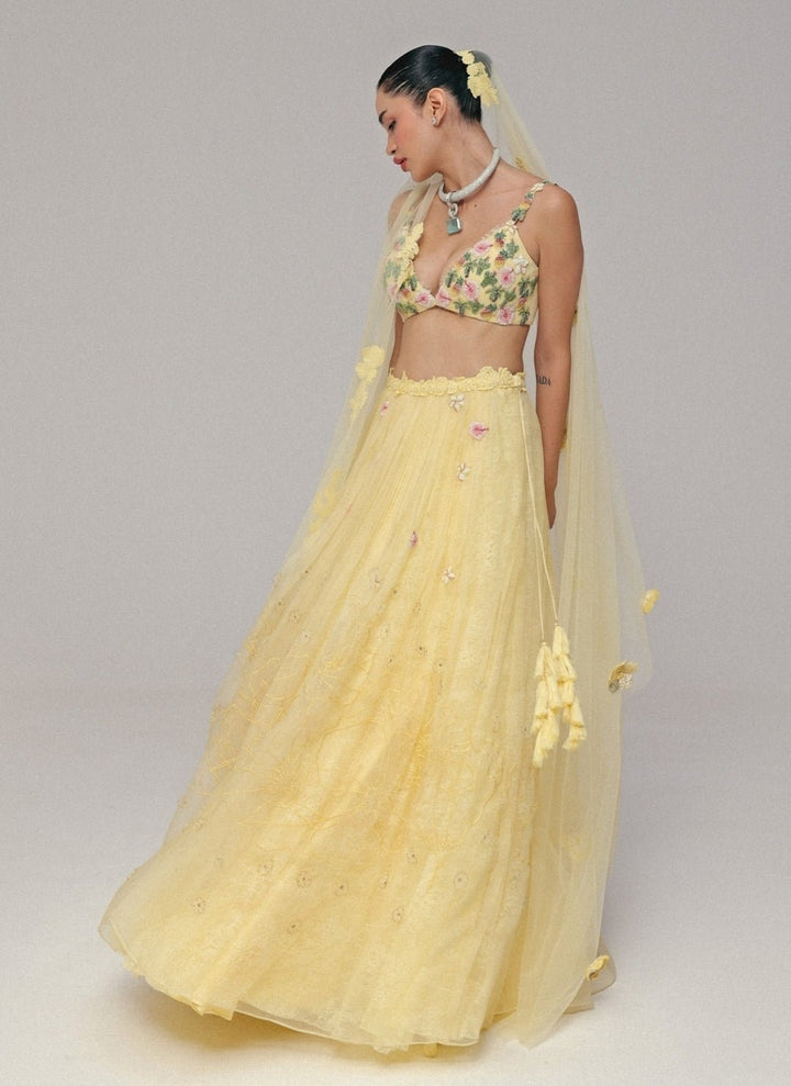 The Little Black Bow Pastel Yellow Organza Silk Lehenga SetFabilicious Fashion