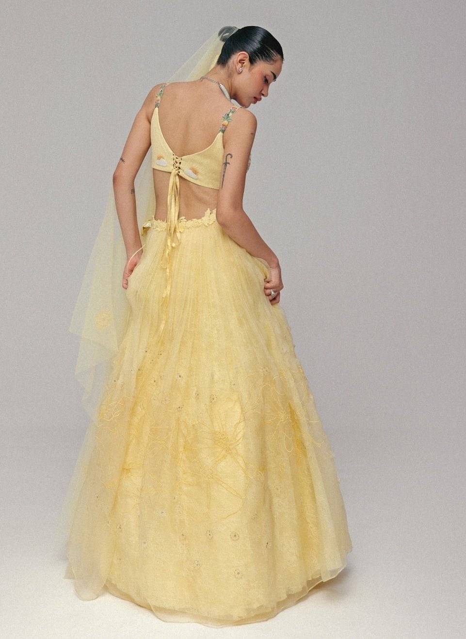 The Little Black Bow Pastel Yellow Organza Silk Lehenga SetFabilicious Fashion
