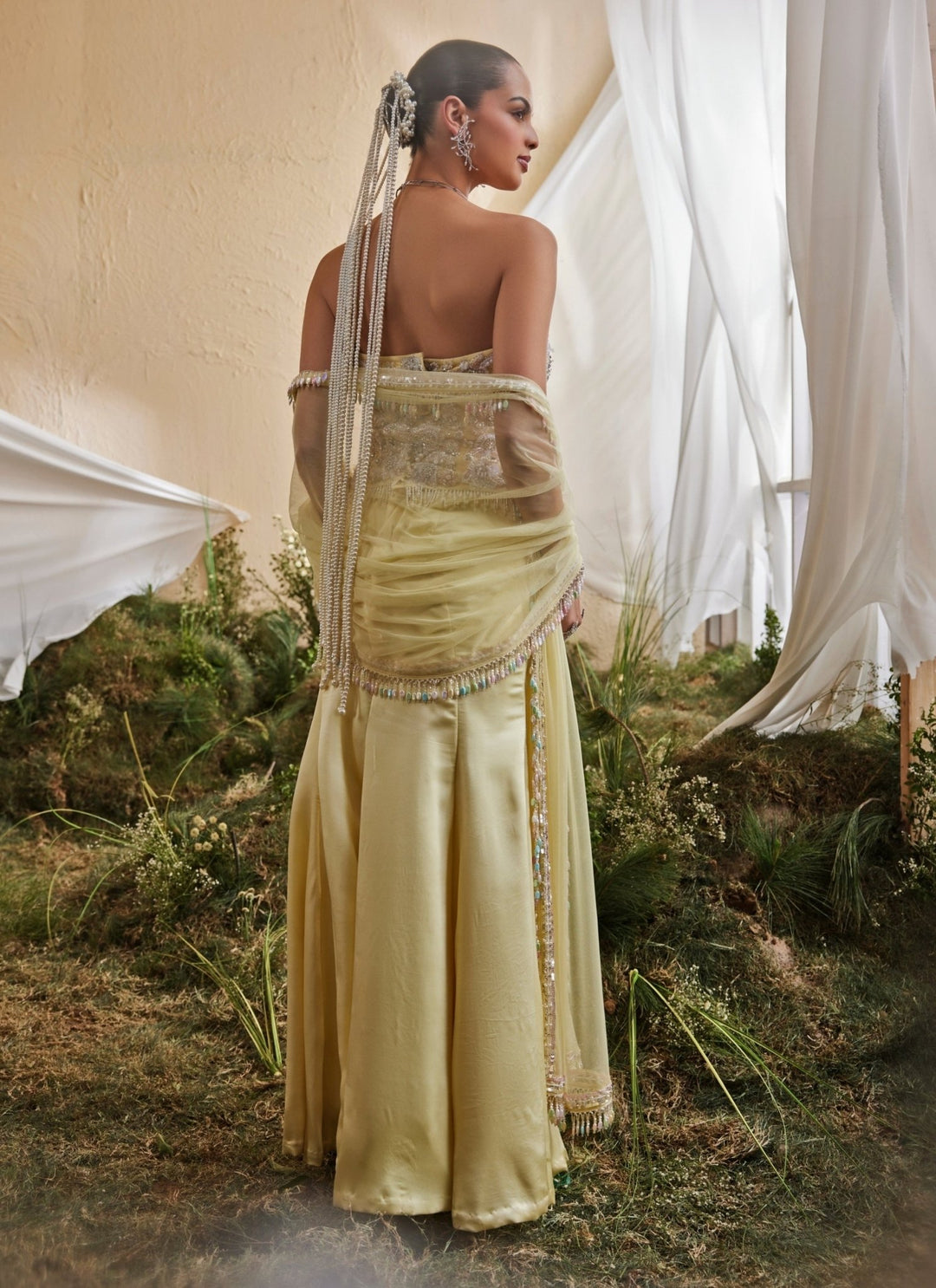 Mani Bhatia Pastel Yellow Satin Corset Lehenga SetFabilicious Fashion