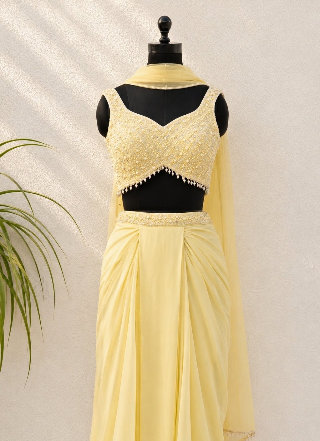 Pastel Yellow Satin Georgette Drape Skirt Set Anisha Shetty - Fabilicious Fashion