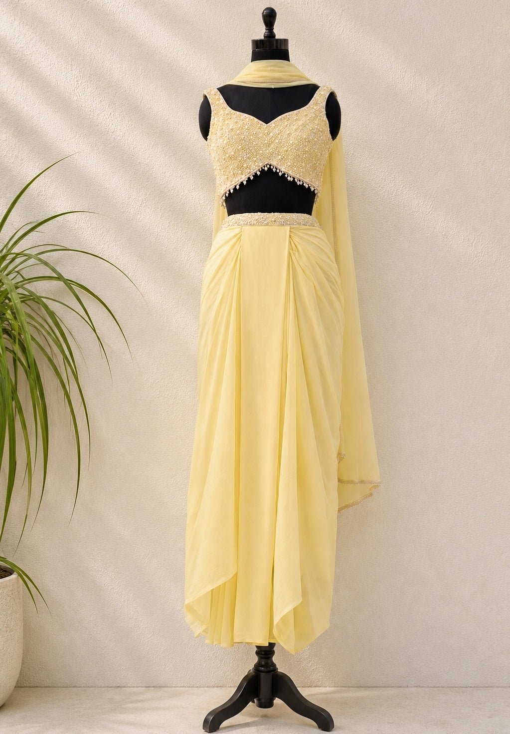 Pastel Yellow Satin Georgette Drape Skirt Set Anisha Shetty - Fabilicious Fashion
