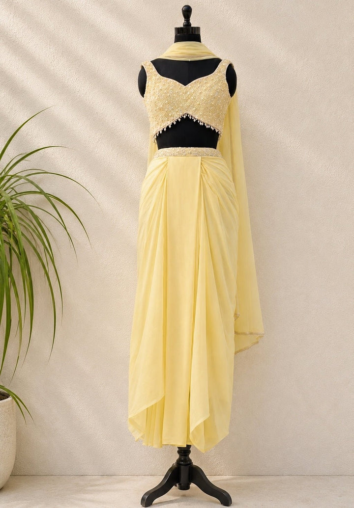 Pastel Yellow Satin Georgette Drape Skirt Set Anisha Shetty - Fabilicious Fashion