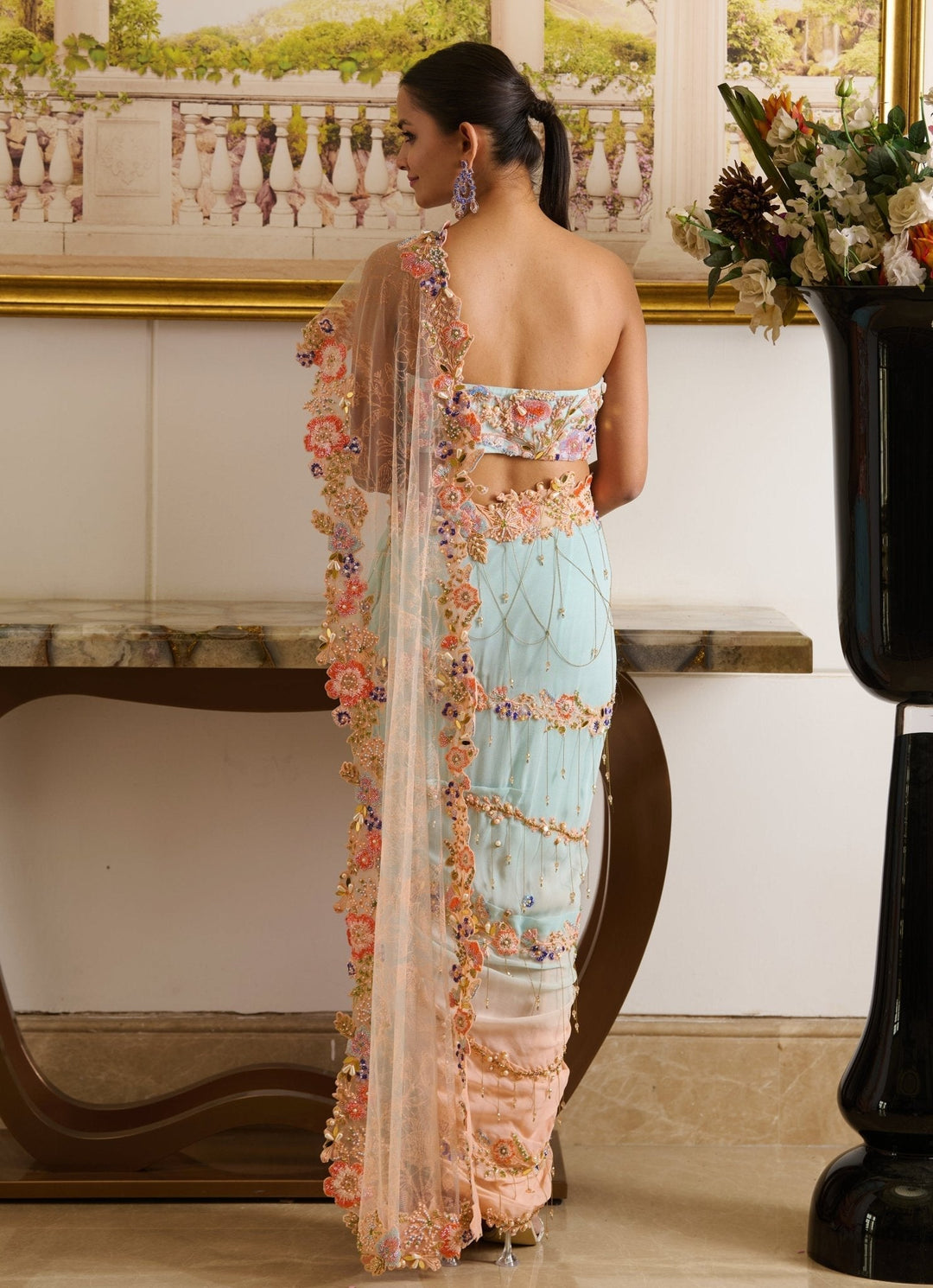 Peach And Blue Embroidered Georgette Skirt Saree Moledro - Fabilicious Fashion