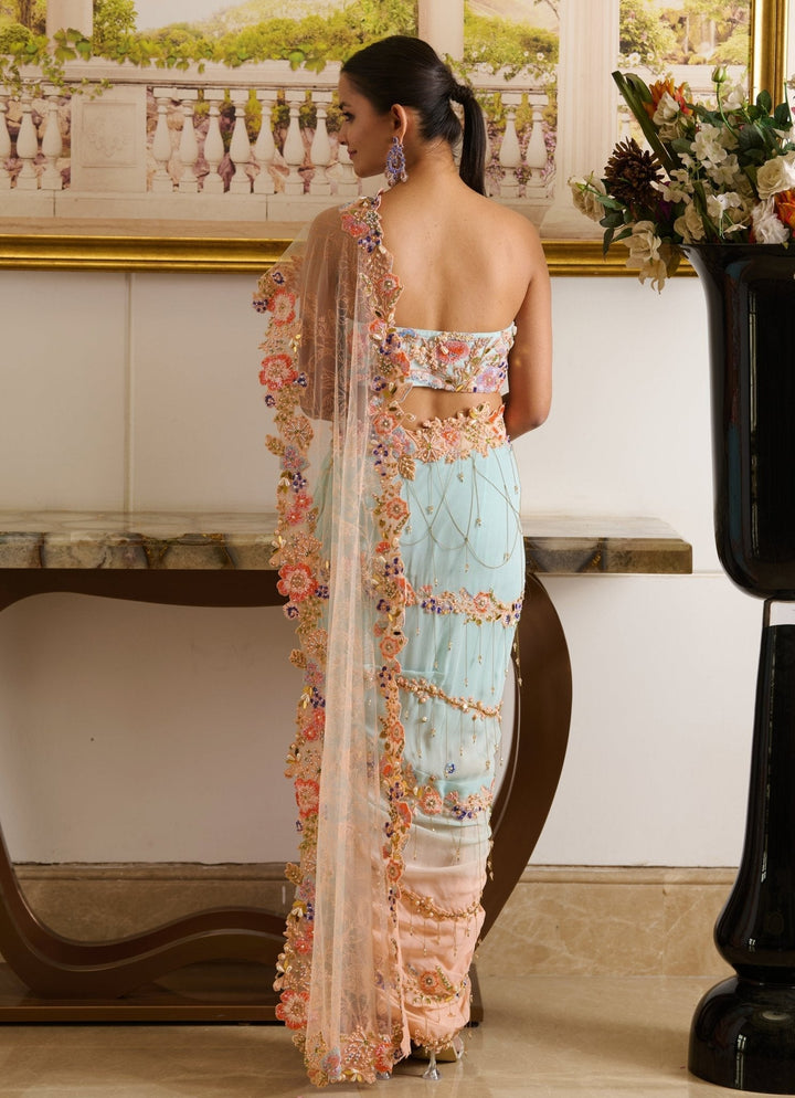 Peach And Blue Embroidered Georgette Skirt Saree Moledro - Fabilicious Fashion