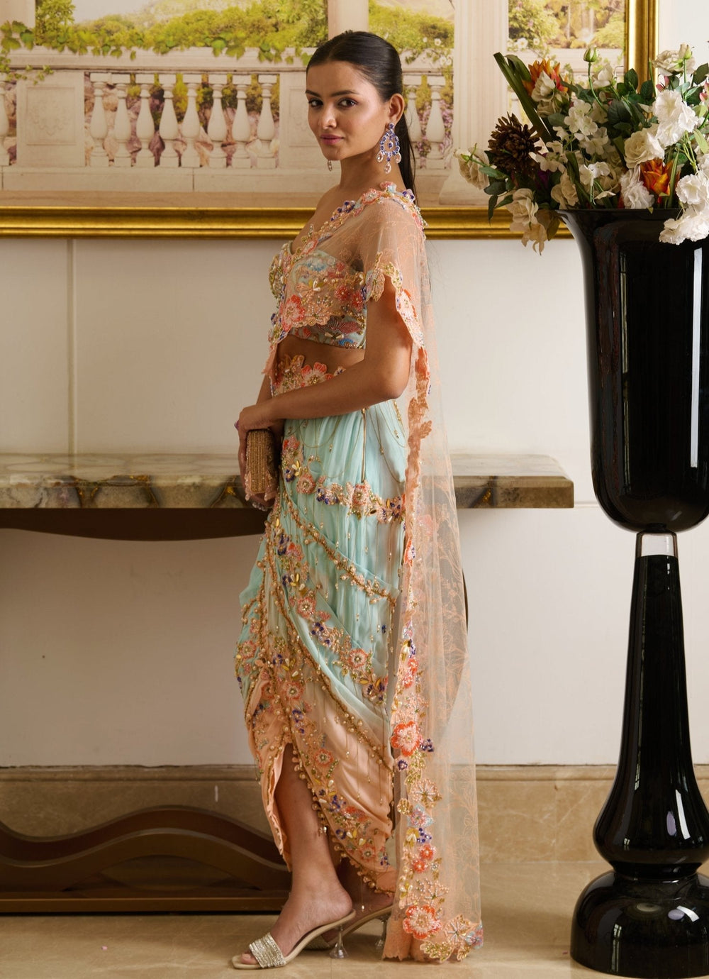 Peach And Blue Embroidered Georgette Skirt Saree Moledro - Fabilicious Fashion