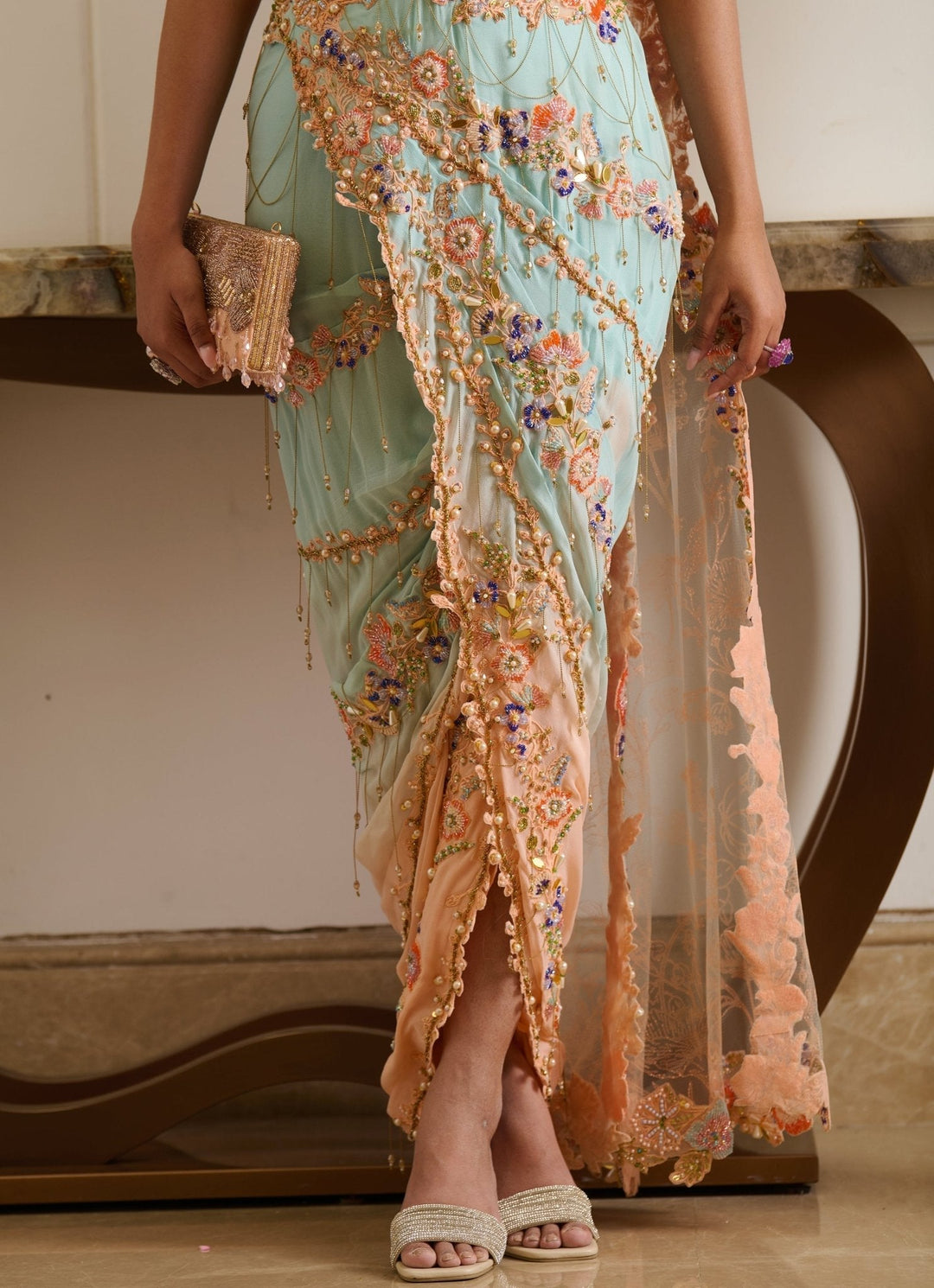 Peach And Blue Embroidered Georgette Skirt Saree Moledro - Fabilicious Fashion