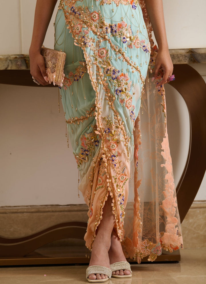 Peach And Blue Embroidered Georgette Skirt Saree Moledro - Fabilicious Fashion