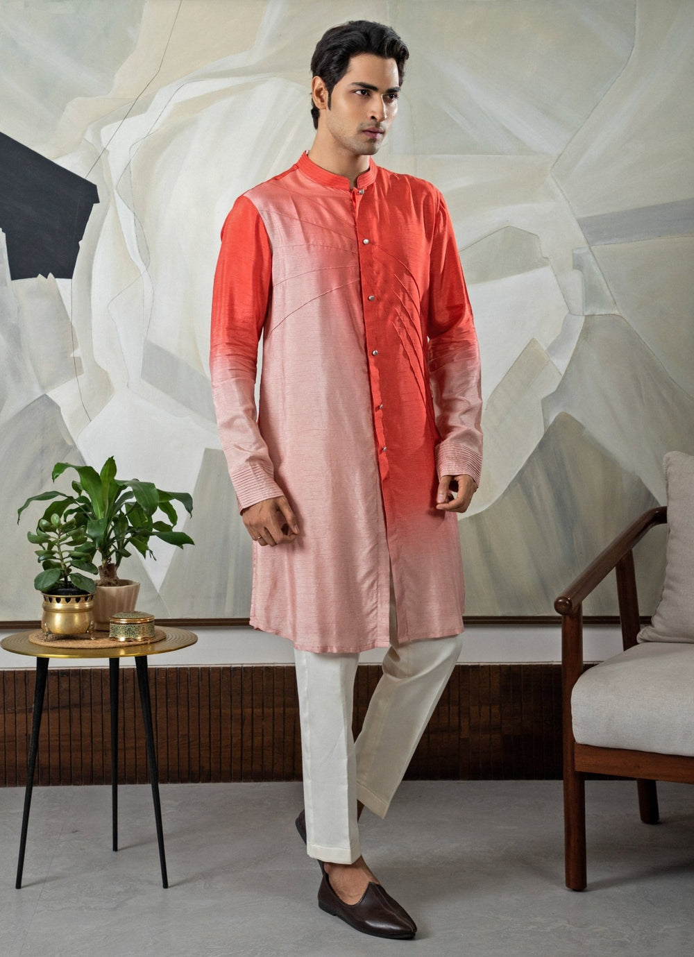 Peach and Coral Ombre Kurta with Ivory Pant Set Smriti - Fabilicious Fashion