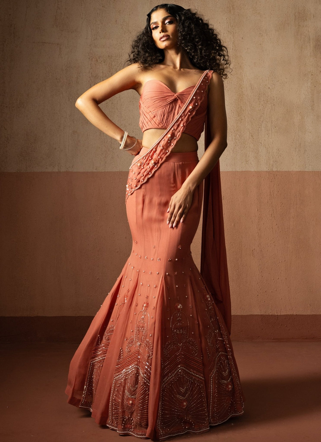 Peach And Gold Mermaid Pre Draped Georgette Saree Quench A Thirst - Fabilicious Fashion
