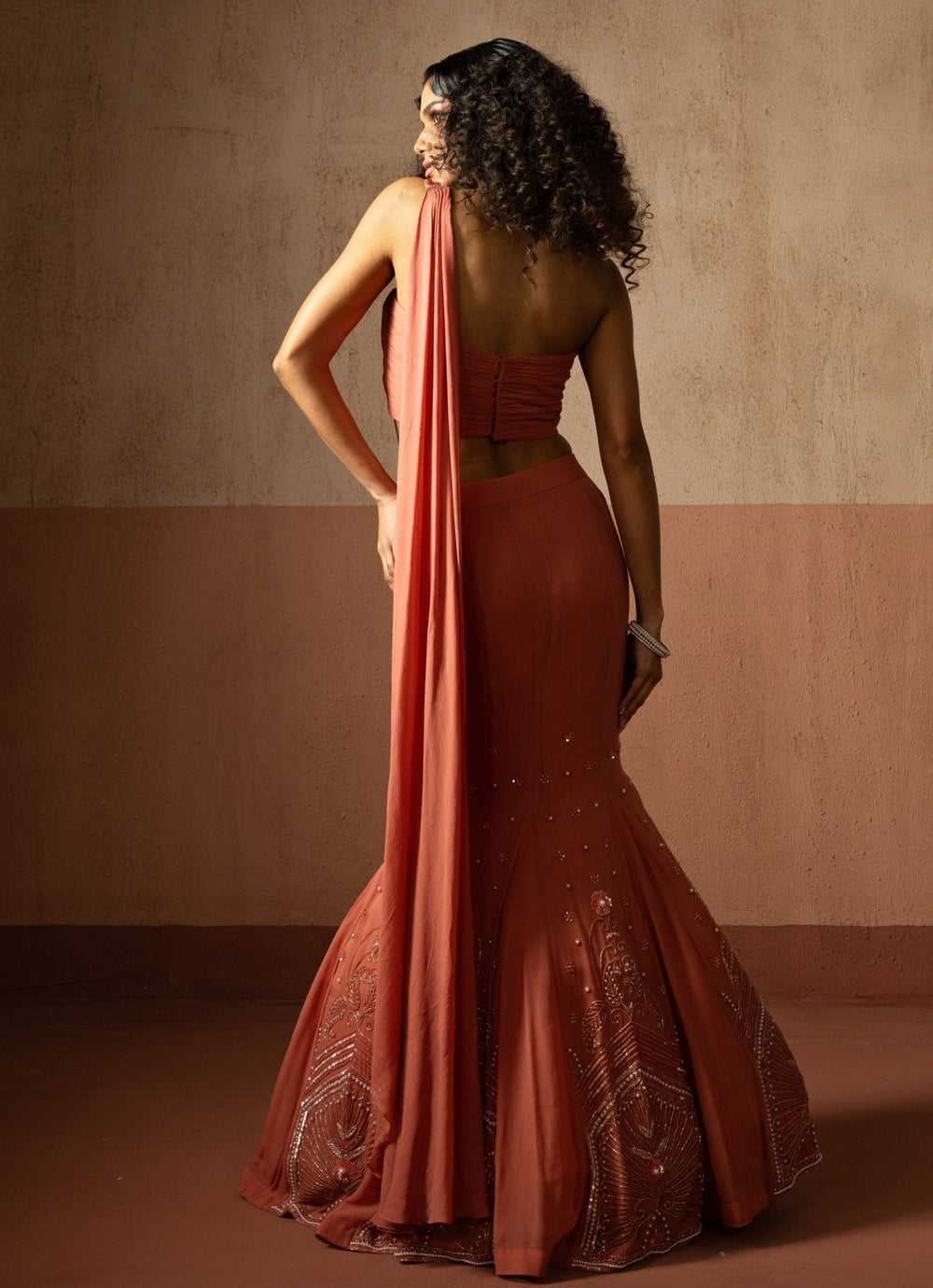 Peach And Gold Mermaid Pre Draped Georgette Saree Quench A Thirst - Fabilicious Fashion