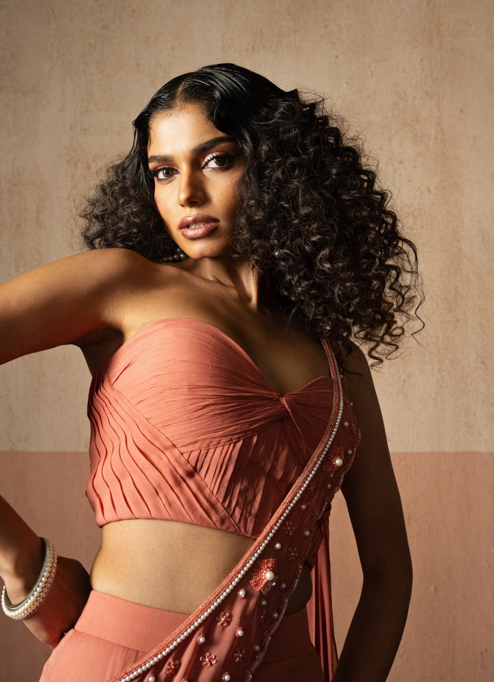 Peach And Gold Mermaid Pre Draped Georgette Saree Quench A Thirst - Fabilicious Fashion