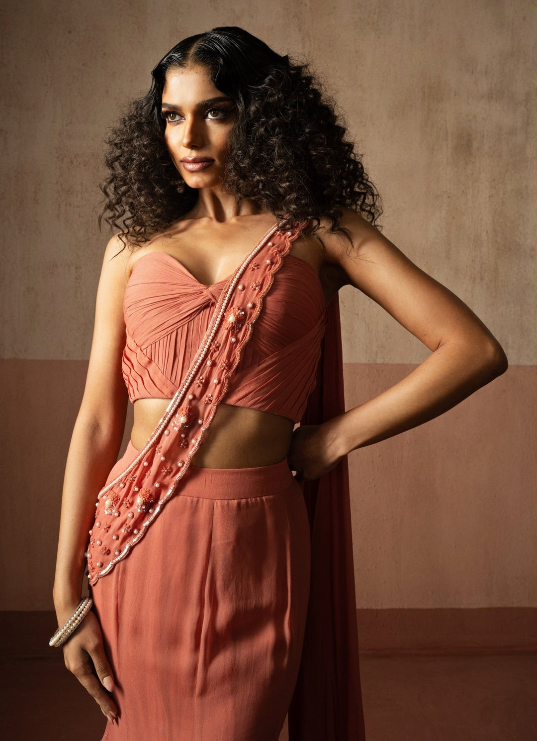 Peach And Gold Mermaid Pre Draped Georgette Saree Quench A Thirst - Fabilicious Fashion