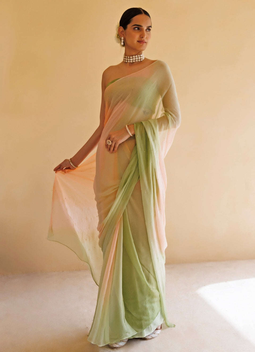Geroo Jaipur Peach And Green Shaded Chiffon Pre - Draped SareeFabilicious Fashion