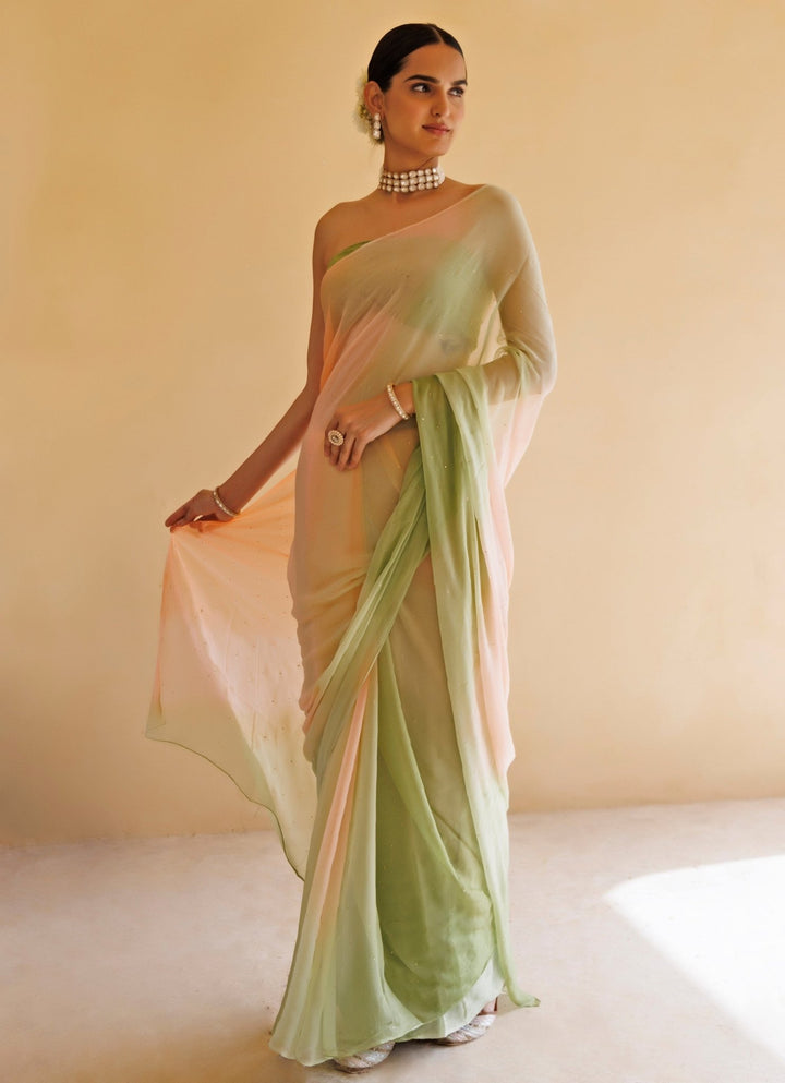 Geroo Jaipur Peach And Green Shaded Chiffon Pre - Draped SareeFabilicious Fashion