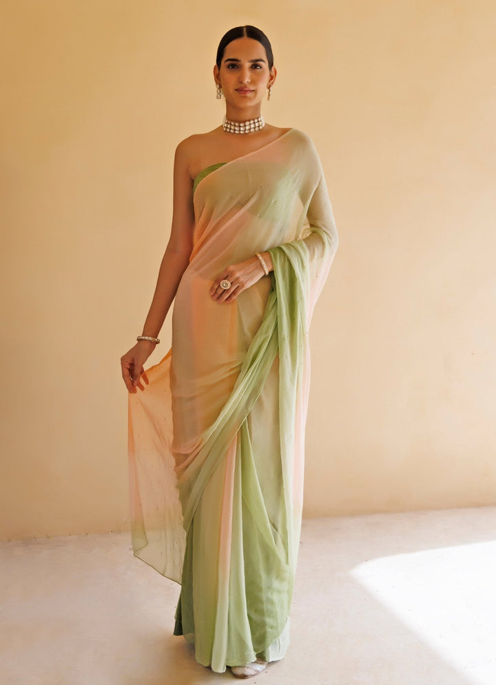 Geroo Jaipur Peach And Green Shaded Chiffon Pre - Draped SareeFabilicious Fashion