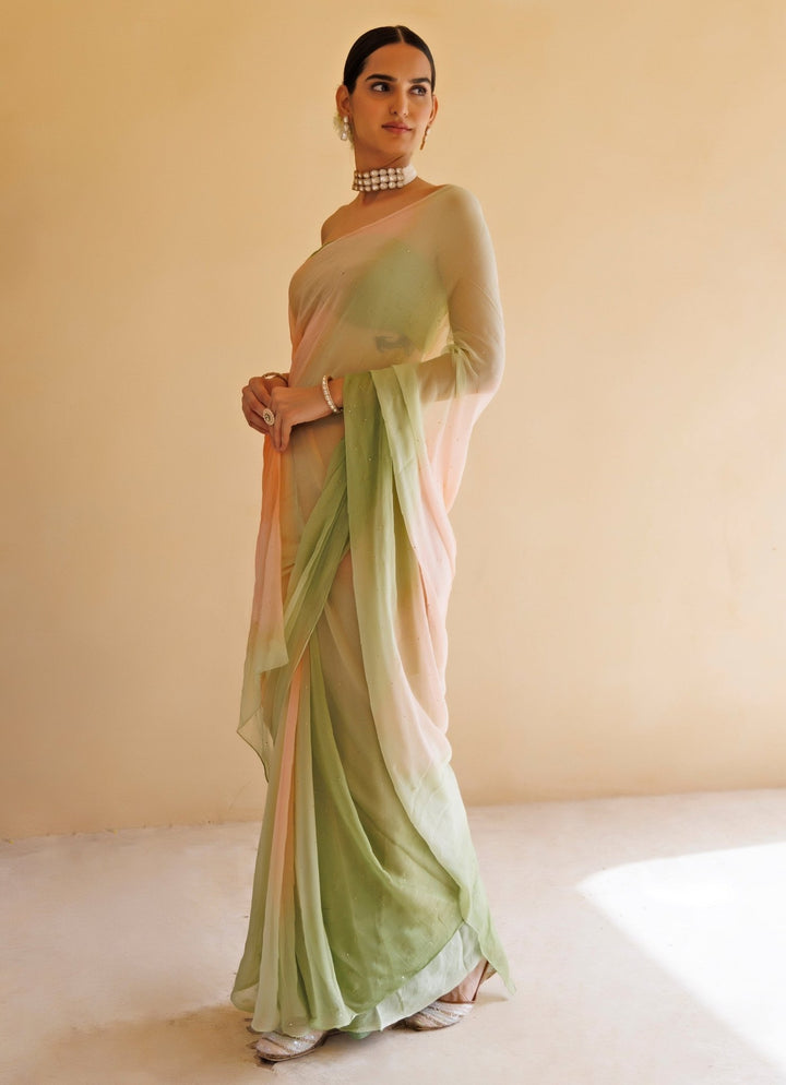 Geroo Jaipur Peach And Green Shaded Chiffon Pre - Draped SareeFabilicious Fashion