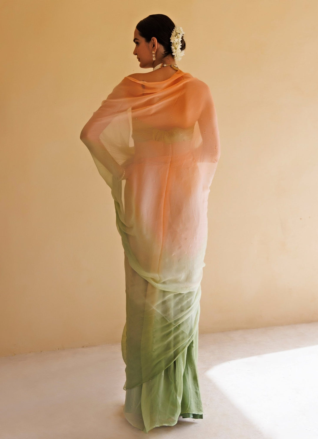 Geroo Jaipur Peach And Green Shaded Chiffon Pre - Draped SareeFabilicious Fashion