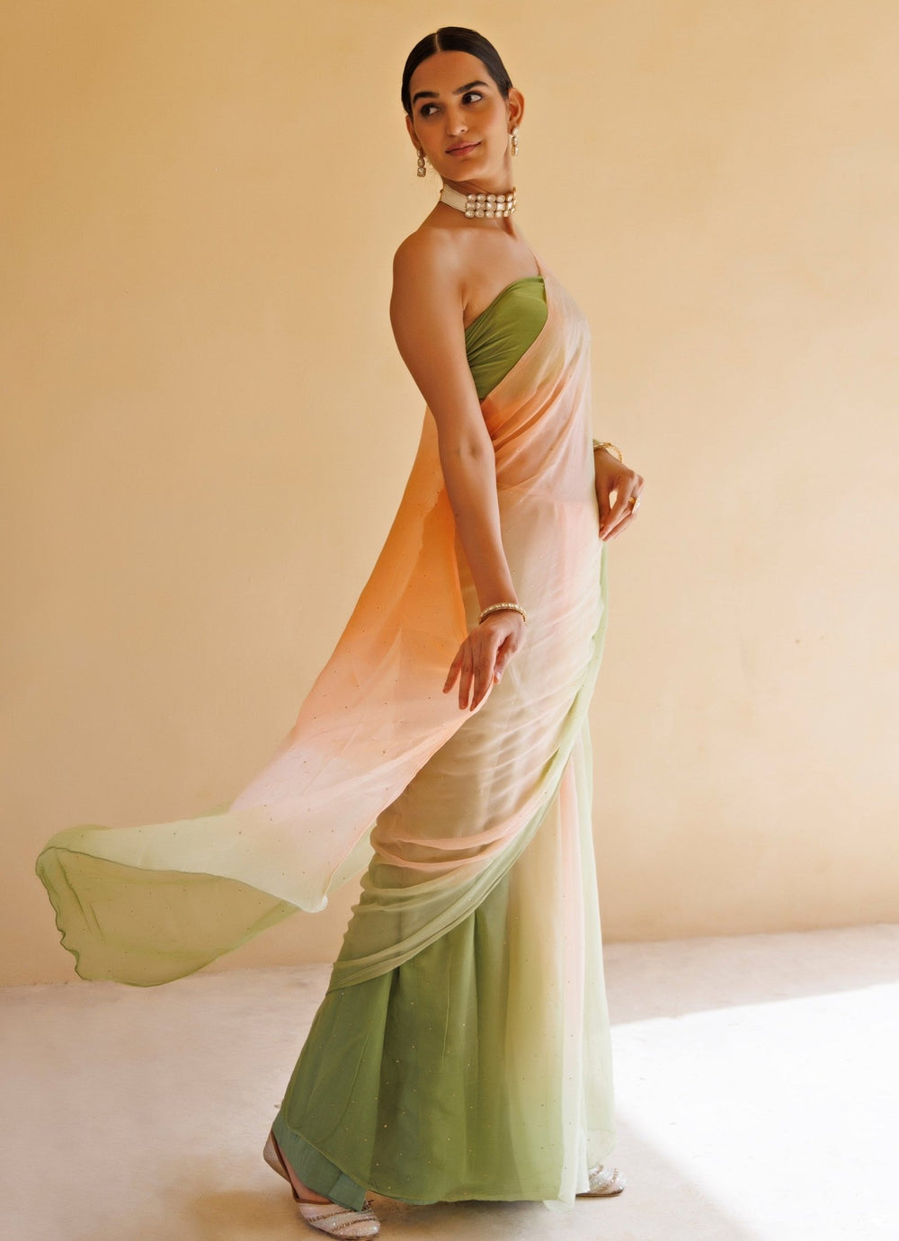 Geroo Jaipur Peach And Green Shaded Chiffon Pre - Draped SareeFabilicious Fashion