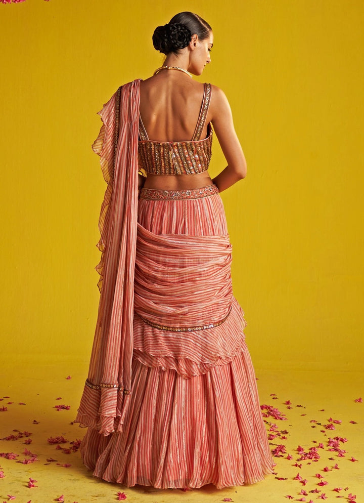 Peach And Ivory Embroidered Georgette Ruffle Saree Studio Bagechaa - Fabilicious Fashion