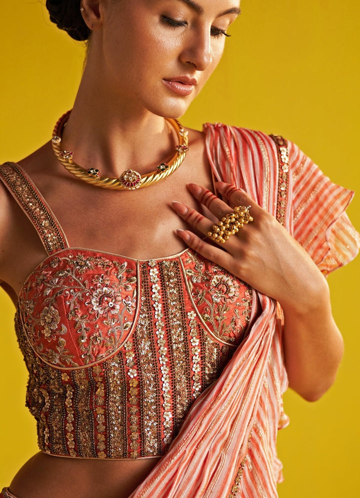 Peach And Ivory Embroidered Georgette Ruffle Saree Studio Bagechaa - Fabilicious Fashion