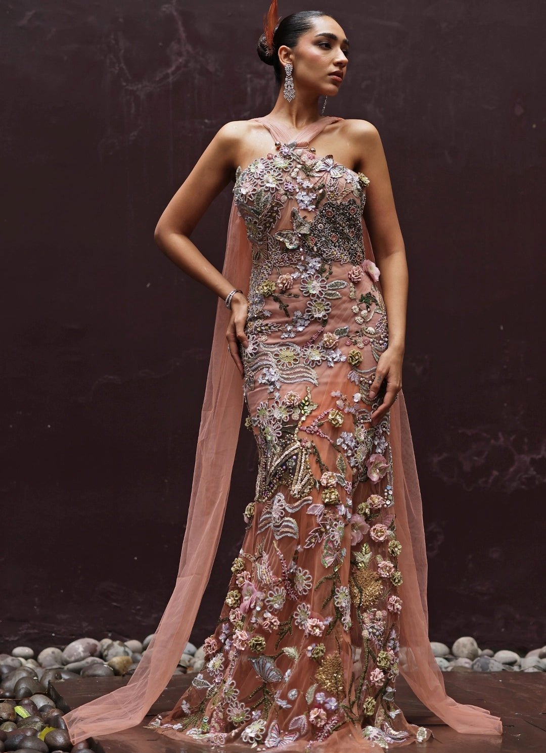 Peach And Muted Gold Floral Applique Soft Net Draped Dress Moledro - Fabilicious Fashion
