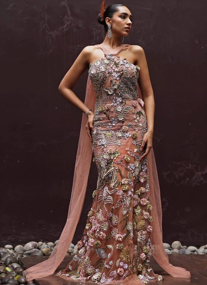 Peach And Muted Gold Floral Applique Soft Net Draped Dress Moledro - Fabilicious Fashion