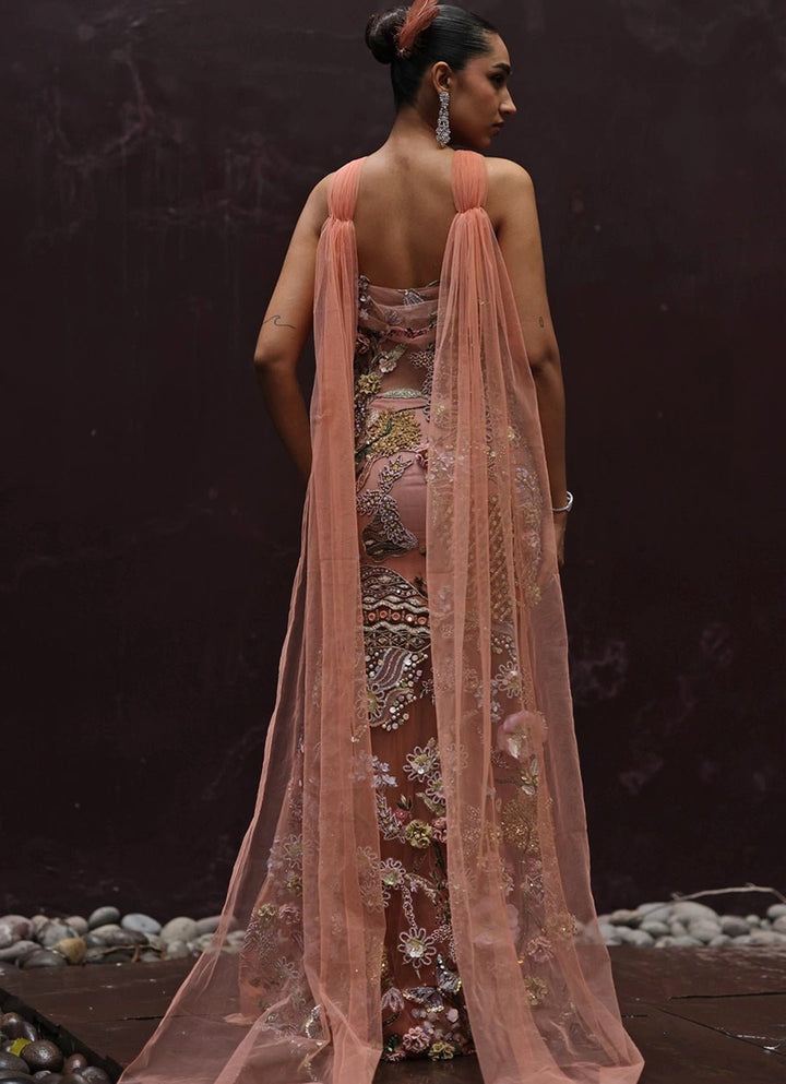Peach And Muted Gold Floral Applique Soft Net Draped Dress Moledro - Fabilicious Fashion