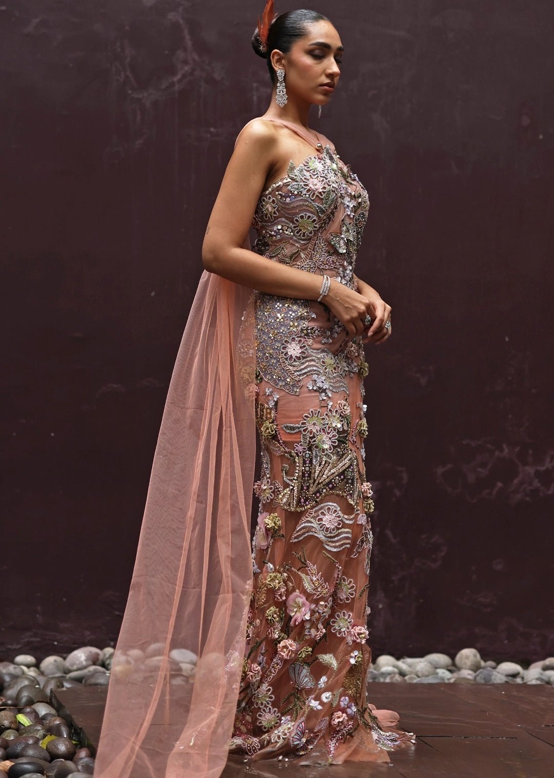 Peach And Muted Gold Floral Applique Soft Net Draped Dress Moledro - Fabilicious Fashion
