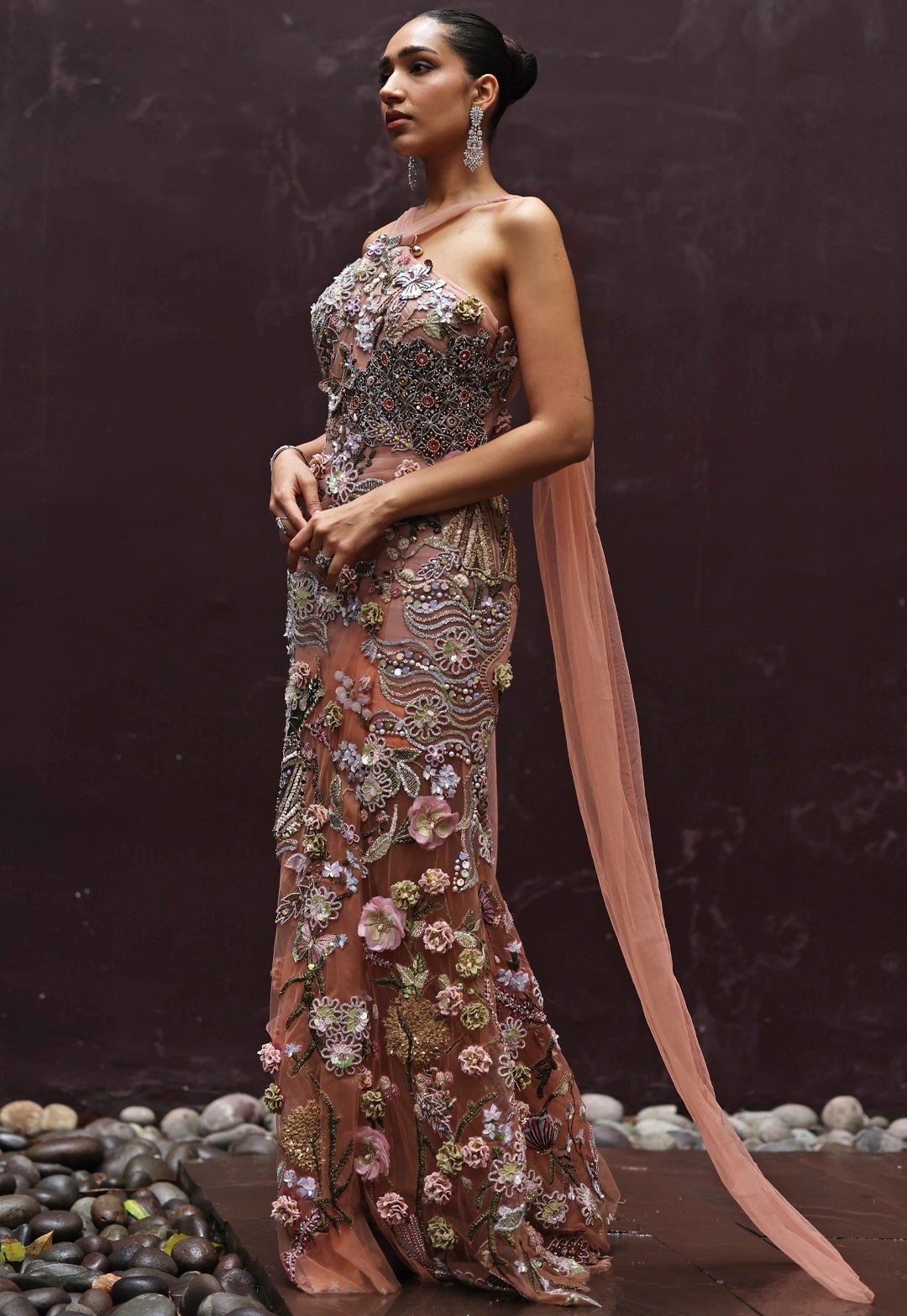 Peach And Muted Gold Floral Applique Soft Net Draped Dress Moledro - Fabilicious Fashion