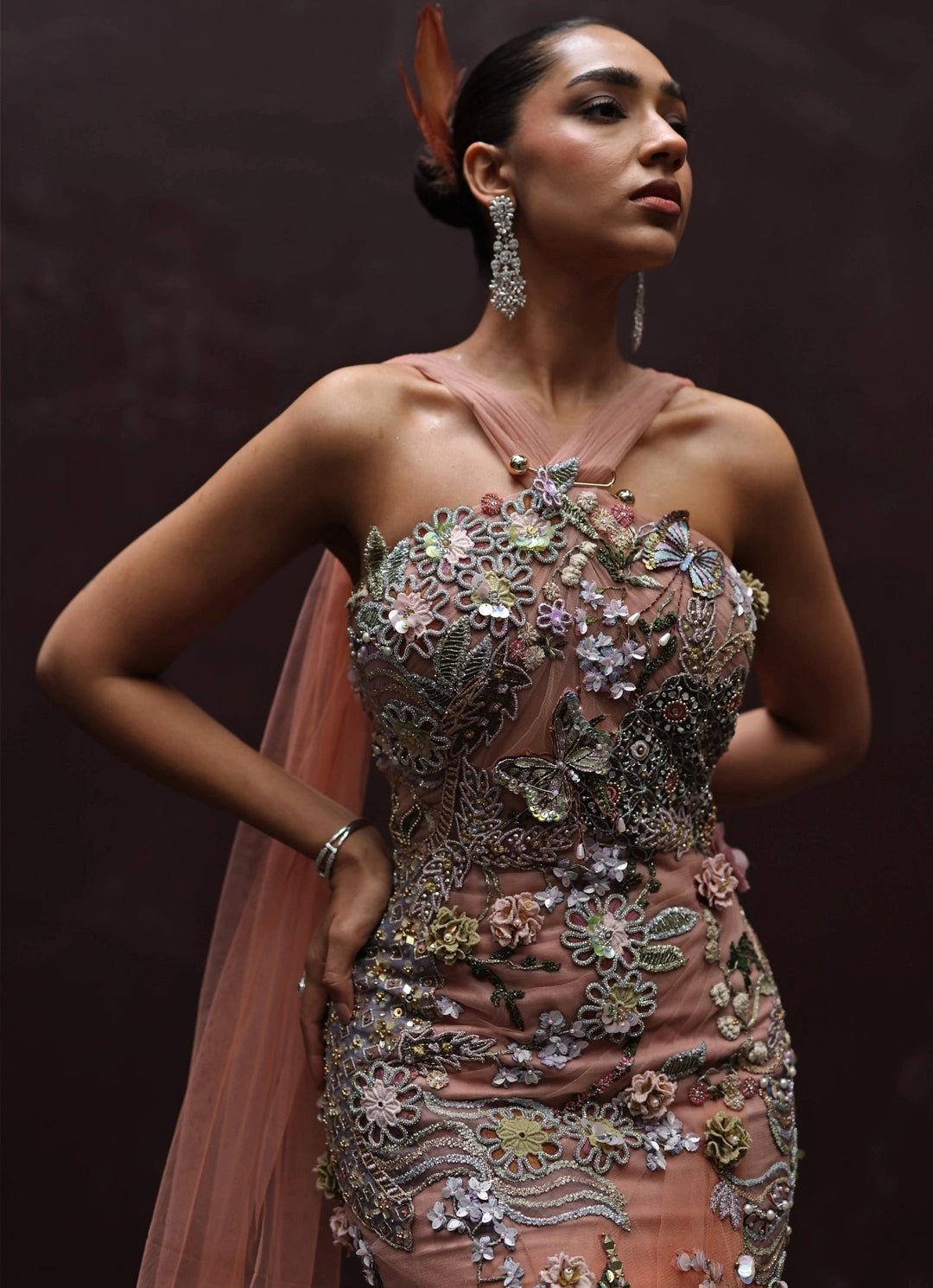 Peach And Muted Gold Floral Applique Soft Net Draped Dress Moledro - Fabilicious Fashion