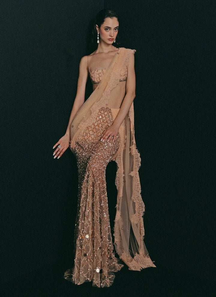 The Little Black Bow Peach And Nude Gold Soft Net Concept SareeFabilicious Fashion
