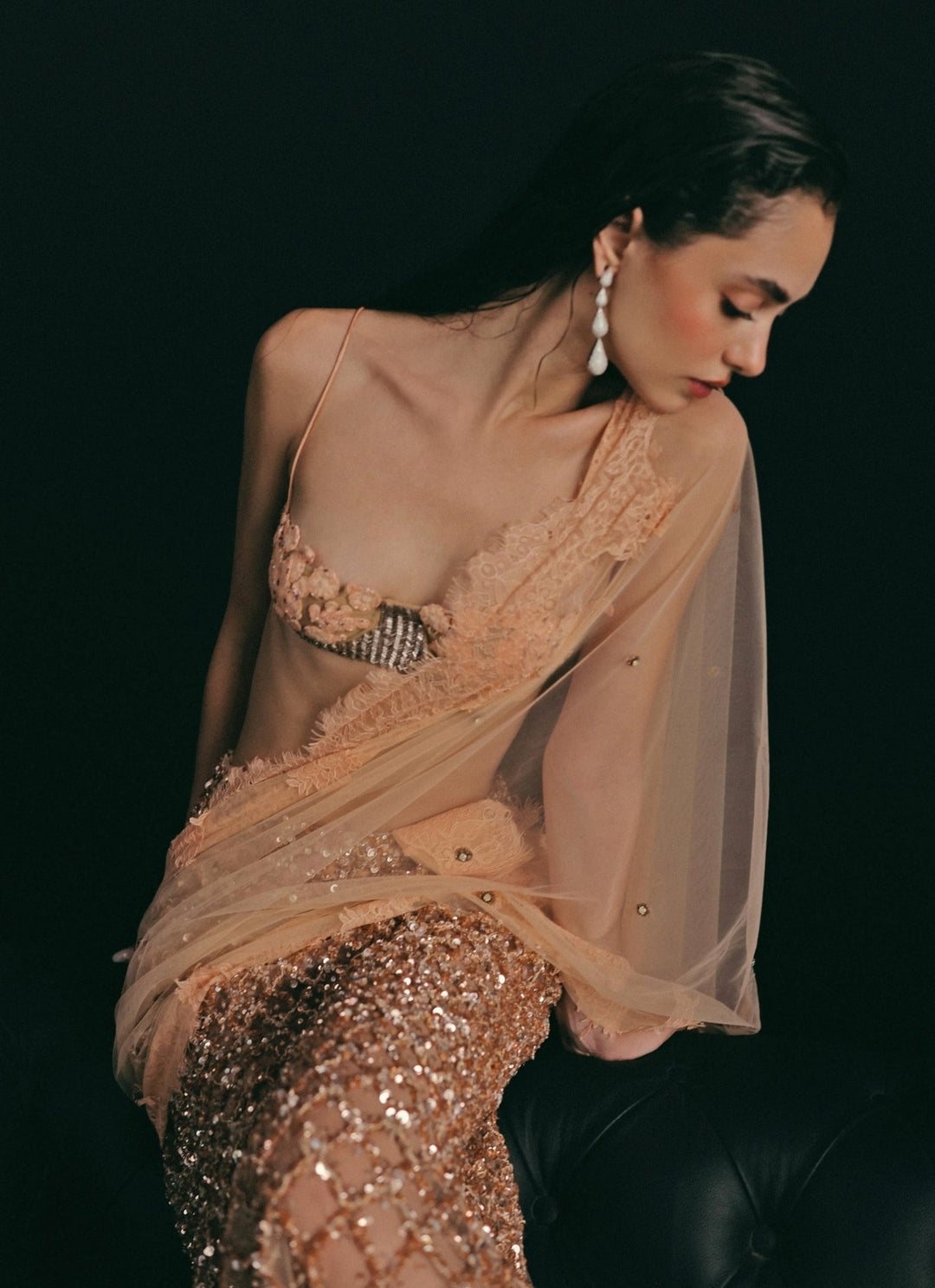 The Little Black Bow Peach And Nude Gold Soft Net Concept SareeFabilicious Fashion