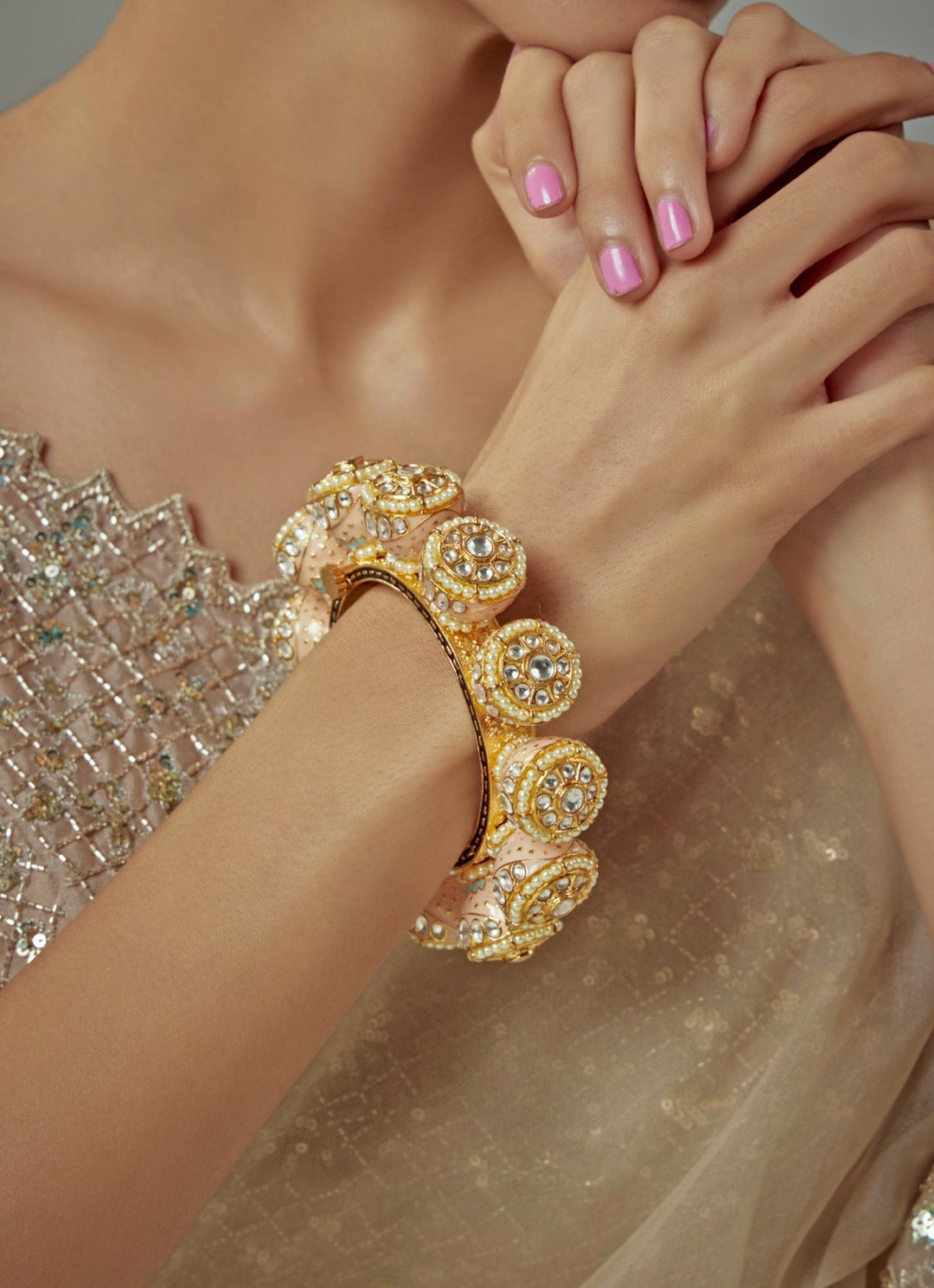 Peach Beaded Kundan Gold Kada Vivinia by Vidhi Mehra - Fabilicious Fashion