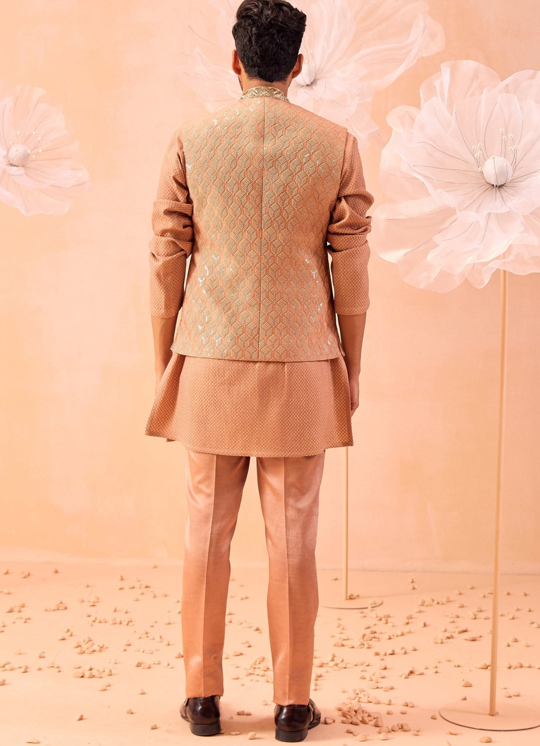 Peach Embroidered Bundi With Kurta Set Contrast by Parth - Fabilicious Fashion