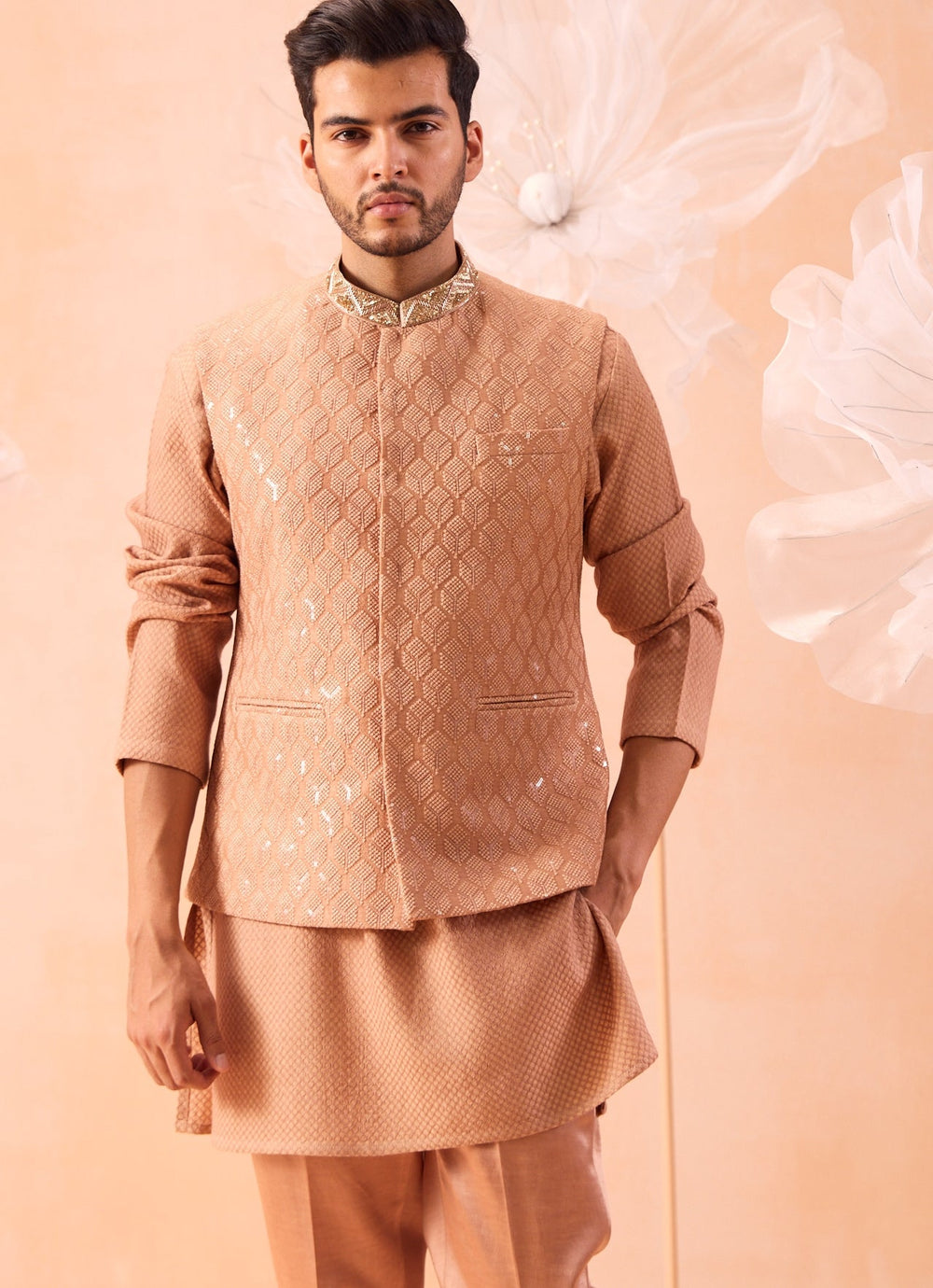 Peach Embroidered Bundi With Kurta Set Contrast by Parth - Fabilicious Fashion