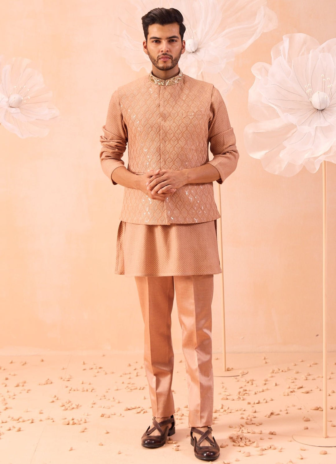 Peach Embroidered Bundi With Kurta Set Contrast by Parth - Fabilicious Fashion